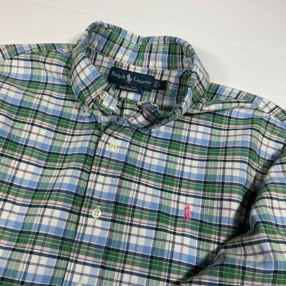 Ralph Lauren Custom Fit Plaid Button Down Shirt Long Sleeve Pink Pony L